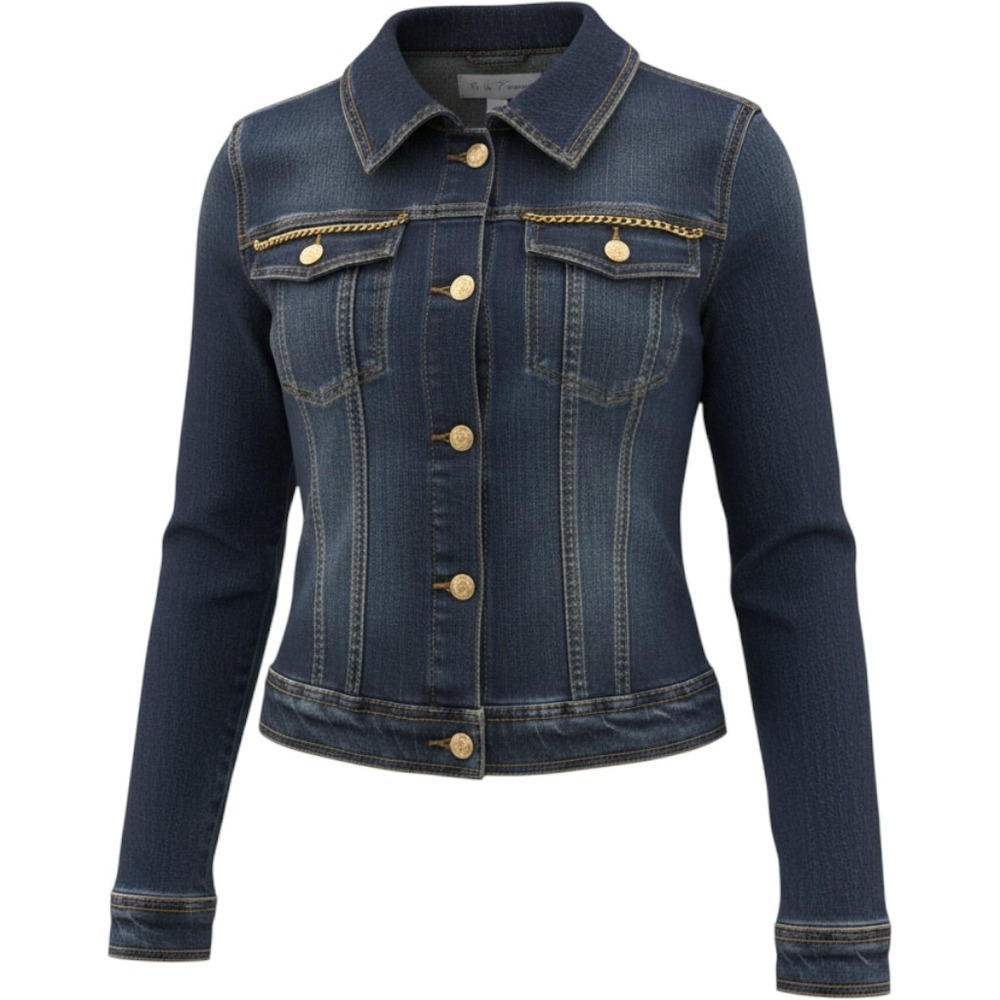 R.V.T Jeans Co Women 1X Dark Wash Cropped Denim Jacket Gold Chain Accents